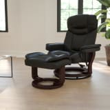 Contemporary Multi-Position Recliner and Curved Ottoman with Swivel Mahogany Wood Base in Black LeatherSoft