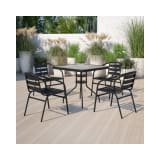31.5'' Square Glass Metal Table with 4 Black Metal Aluminum Slat Stack Chairs