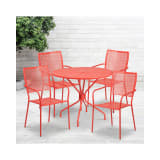 Commercial Grade 35.25" Round Coral Indoor Outdoor Steel Patio Table Set with 4 Square Back Chairs