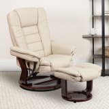 Contemporary Multi-Position Recliner with Horizontal Stitching and Ottoman with Swivel Mahogany Wood Base in Beige LeatherSoft