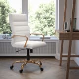 High Back White LeatherSoft Executive Swivel Office Chair with Gold Frame and Arms