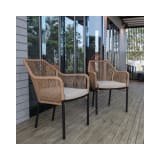 Kallie Set of 2 All Weather Natural Woven Stacking Club Chairs with Rounded Arms & Ivory Zippered Seat Cushions