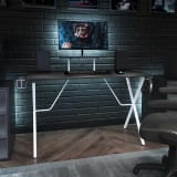 Black Gaming Desk and White Frame with Cup Holder, Headphone Hook, and Monitor/Smartphone Stand