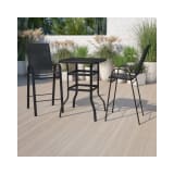 Outdoor Dining Set 2 Person Bistro Set Outdoor Glass Bar Table with Black All Weather Patio Stools