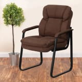 Brown Microfiber Executive Side Reception Chair with Lumbar Support and Sled Base