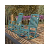 Set of 2 Winston All Weather Poly Resin Rocking Chairs with Accent Side Table in Teal