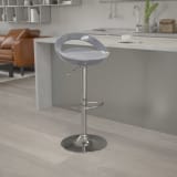 Contemporary Silver Plastic Adjustable Height Barstool with Rounded Cutout Back and Chrome Base