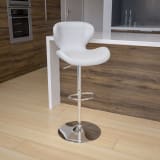 Contemporary White Vinyl Adjustable Height Barstool with Curved Back and Chrome Base