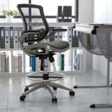 Mid-Back Transparent Black Mesh Drafting Chair with Graphite Silver Frame and Flip-Up Arms