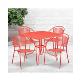 Commercial Grade 35.5" Square Coral Indoor Outdoor Steel Patio Table Set with 4 Round Back Chairs