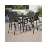Outdoor Dining Set 4 Person Bistro Set Outdoor Glass Bar Table with Black All Weather Patio Stools