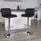Contemporary Black Vinyl Adjustable Height Barstool with Vertical Stitch Back/Seat and Chrome Base