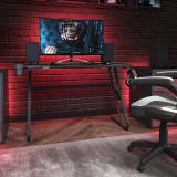 Black Gaming Ergonomic Desk with Cup Holder and Headphone Hook