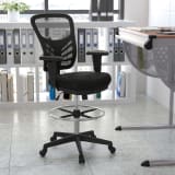 Mid-Back Black Mesh Ergonomic Drafting Chair with Adjustable Chrome Foot Ring, Adjustable Arms and Black Frame