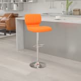 Contemporary Orange Vinyl Adjustable Height Barstool with Vertical Stitch Back and Chrome Base