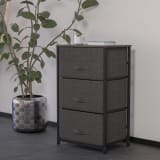 3 Drawer Wood Top Black Cast Iron Frame Vertical Storage Dresser with Dark Gray Easy Pull Fabric Drawers