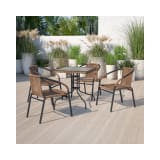 28'' Square Tempered Glass Metal Table with Dark Brown Rattan Edging