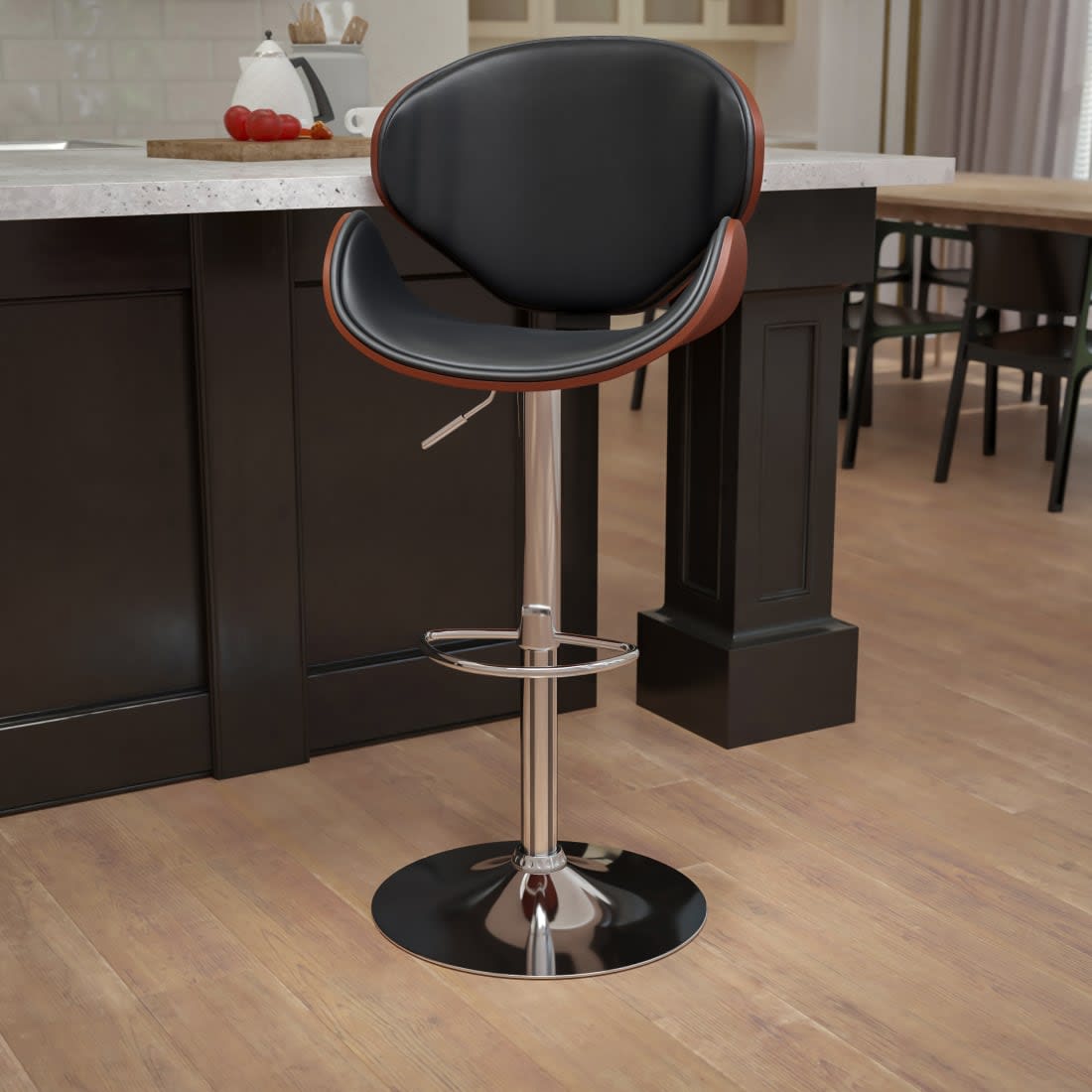 Walnut Bentwood Adjustable Height Bar Stool w/Curved Black Vinyl Seat & Back NEW 